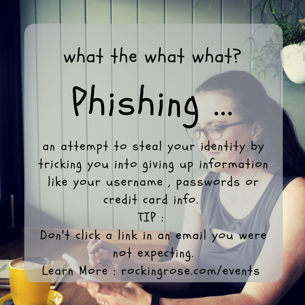 Photo  Of Steph Looking At A Smartphone. Text Is Overlaid Explaining The Term Phishing. 
