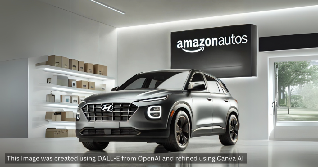 Photo Realistic Ai Generated Image Of A Hyundai Vehicle With A Sign Behind Saying Amazon Autos - The Car Is In A Dealership With Glass Doors To The Right And Shelving With Boxes To The Left