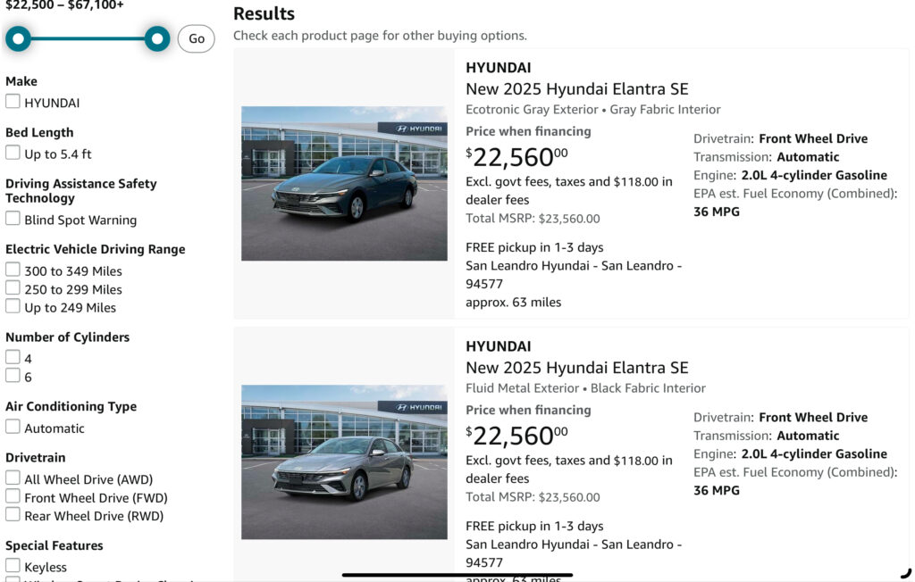 Two Cars With Specs Are Shown In This Screengrab - A Standard Search And Filtering Sidebar Is On The Left