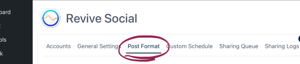 Selecting The Post Format From The Tabs Along The Top Of The Revive Social Plugin Dashboard