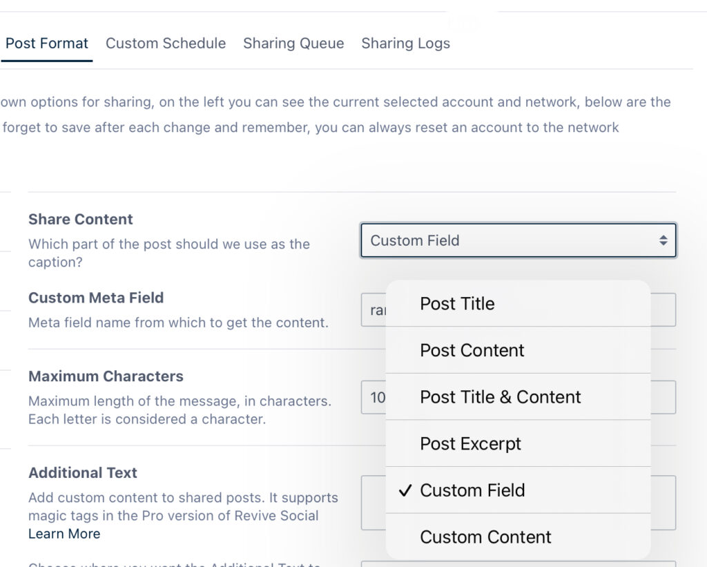 Screenshot Showing The Selection Of The Custom Field Option From A Drop Down In Post Content Setup In Revive Social 